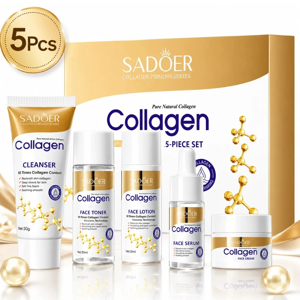 Coffret Soin Visage au Collagène 5 Pièces : Raffermissant, Hydratant, Anti-Rides – Nettoyant, Tonique, Lotion, Sérum, Crème – Kit de Voyage pour Soins du Visage