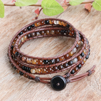Pebble Melody,'Agate Wrap Bracelet with Brown Leather Cord and Onyx Clasp'