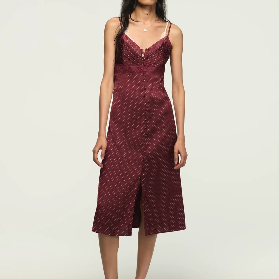 Lucky Brand Lace Simone Slip Midi Dress - Women's Clothing Dresses Shirt Midi Dress in Burgundy Multi, Size M