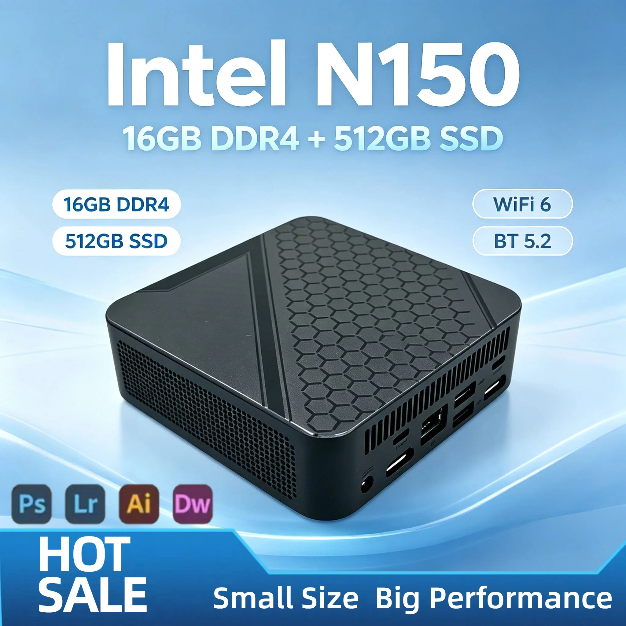 Mini PC portable Intel N150 2026 4C4T 3.6GHz 16 Go DDR4 SSD M.2 NVMe 512 Go Triple 4K WiFi6 BT5.2 Refroidissement silencieux pour bureau et domicile