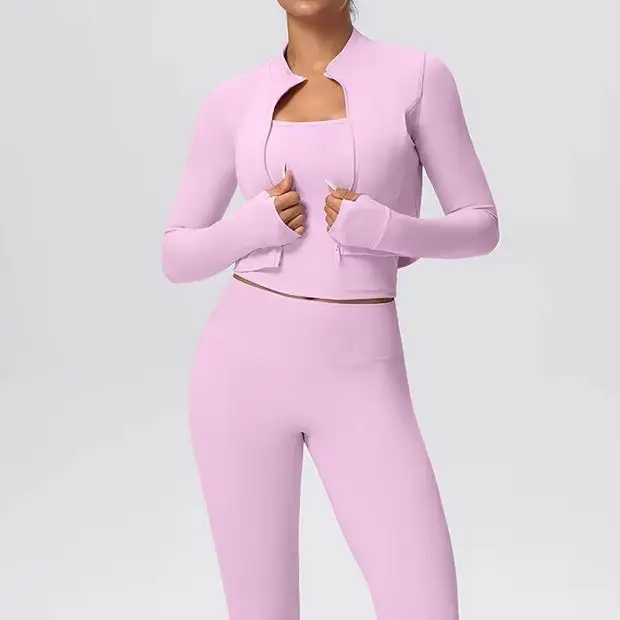 Vêtements de sport pour femmes, ensemble de yoga 3 pièces, vêtements de sport, tenue de sport, legging de sport, soutien-gorge de sport, haut court, tenue de yoga à manches longues