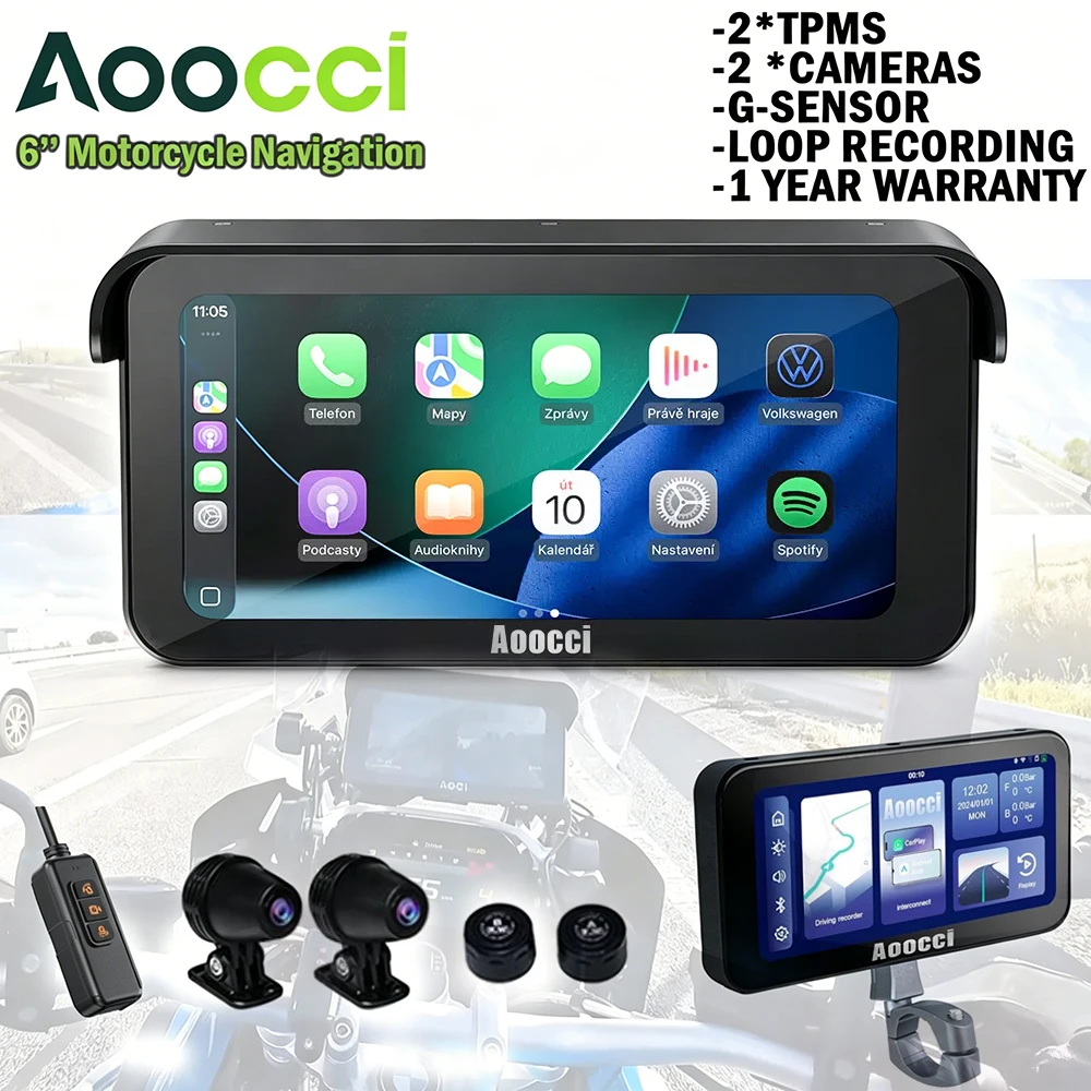 Aoocci C6PRO Motorrad-GPS mit Carplay, 6,25 Zoll, kabelloses CarPlay & Android Auto, GPS-Navigation, Dual-Bluetooth, DVR-Dashcam, TPMS