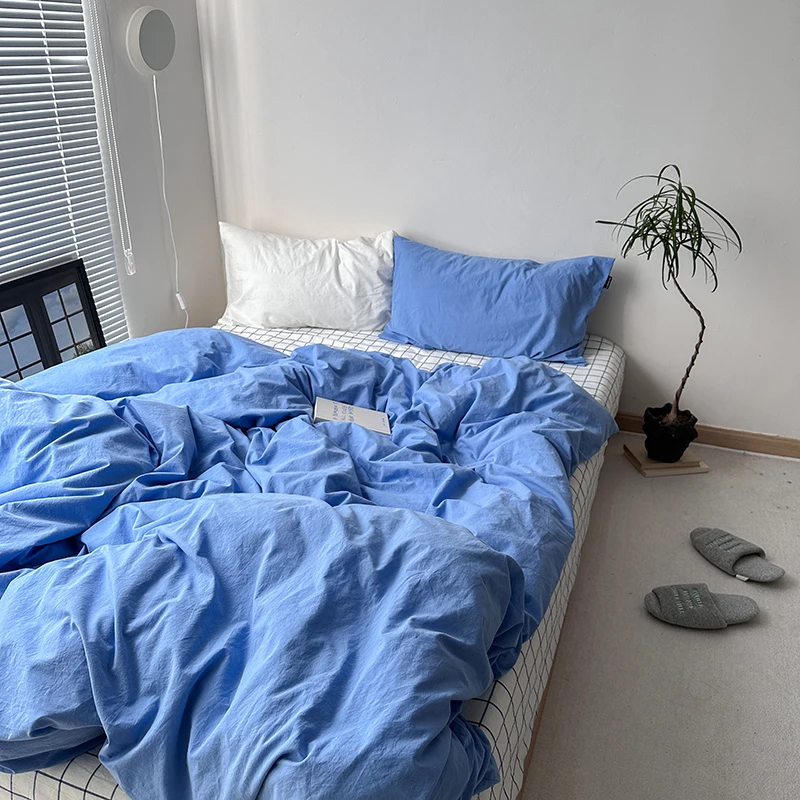 Housse de couette 100% coton, couleur unie bleue, taille Queen, 40 fils, couvre-lit, linge de maison tendance, style nordique