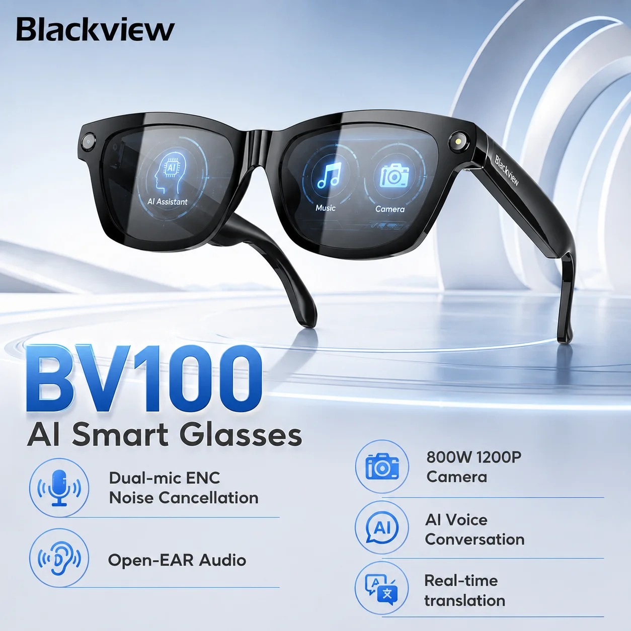 Blackview 4K 8MP BV100 AI Smart-Brille, Farbwechselnde Bluetooth 6.0 Stereo-Basslautsprecher, Geräuschunterdrückendes Mikrofon, Intelligente Sonnenbrille