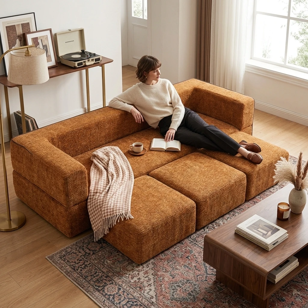1,8m/2m Komprimiertes Schlafsofa mit 3 beweglichen Ottomanen, keine Montage erforderlich, Chenille-Kompressionssofas, modulares Kindersofa für Kinder, wandelbares Plüschsofa-Spielset