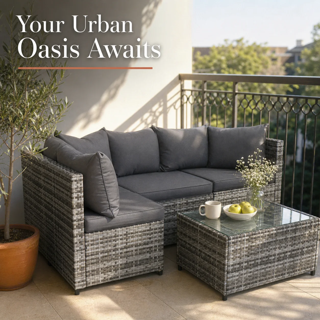 Outdoor-Lounge-Set, 3-teilig, graues Polyrattan mit Kissen, Garten- und Terrassenmöbel