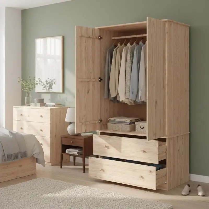 90×55×170cm ALTA Range Kleiderschrank aus unbehandeltem massivem Kiefernholz mit Kleiderstange und 2 Aufbewahrungsschubladen, Holzknöpfen, unlackiertem Rohholz, anpassbarer Schrank, inklusive