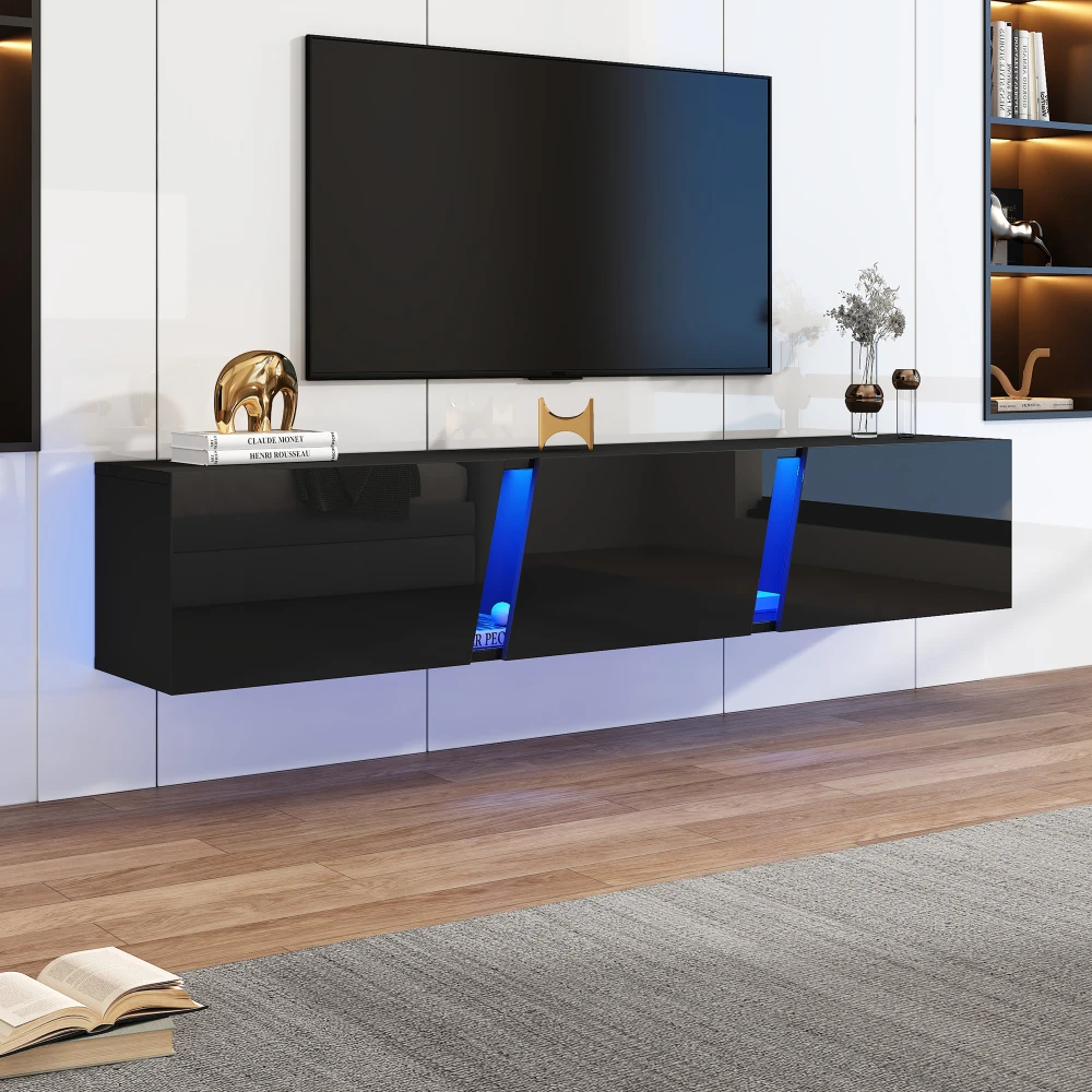 Ye 180 x 35 x 30 cm Wandmontierter TV-Schrank, Lowboard-TV-Schrank mit LED-Beleuchtung, TV-Ständer mit 3 Schranktüren, Geeignet für 75-Zoll-Fernseher, Hochglanz-Schwarzer TV-Schrank