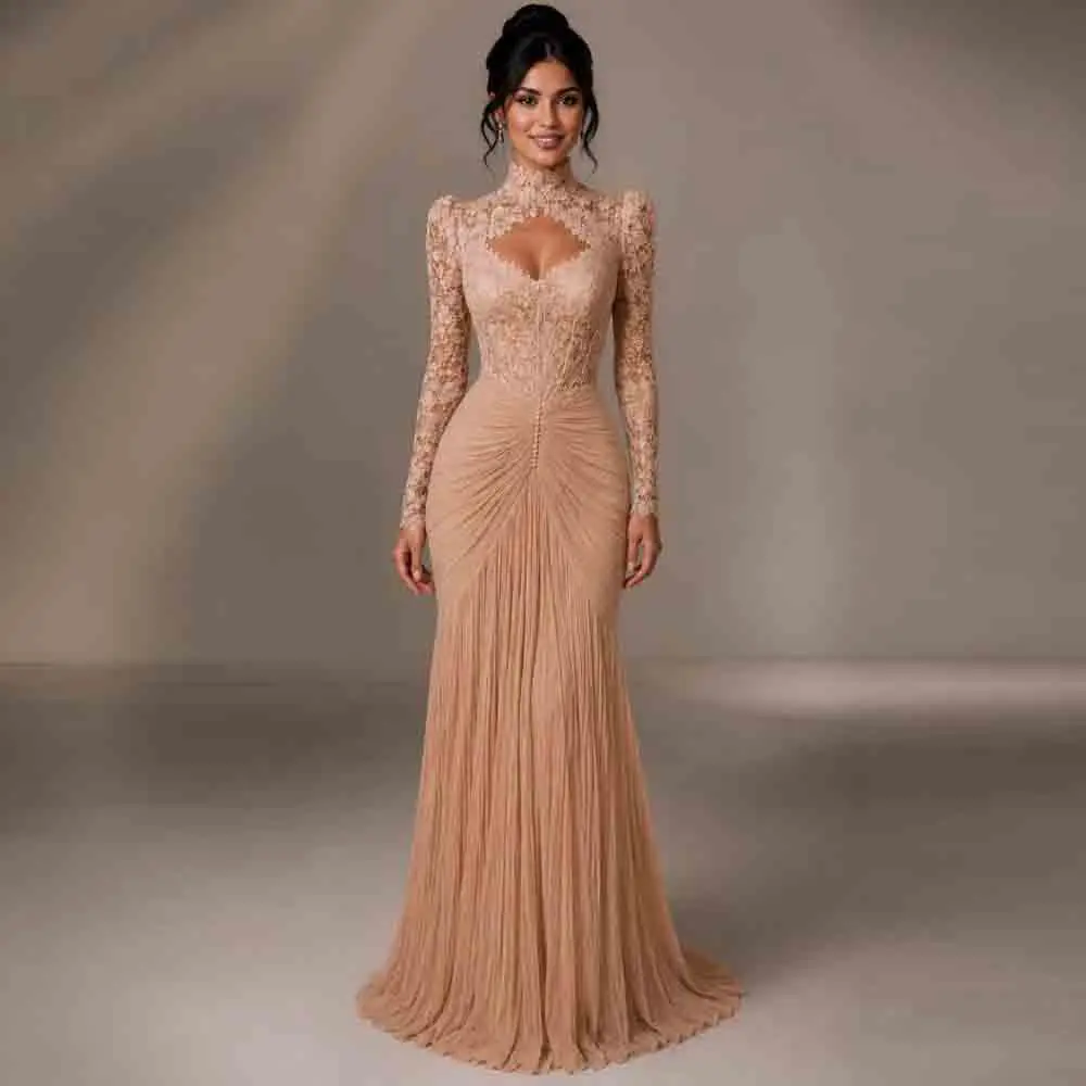 Customized Modest Pleat Mermaid Evening Dress High Neck Long Sleeve Wedding Guest Outfit Lace Top Formal Party Gown