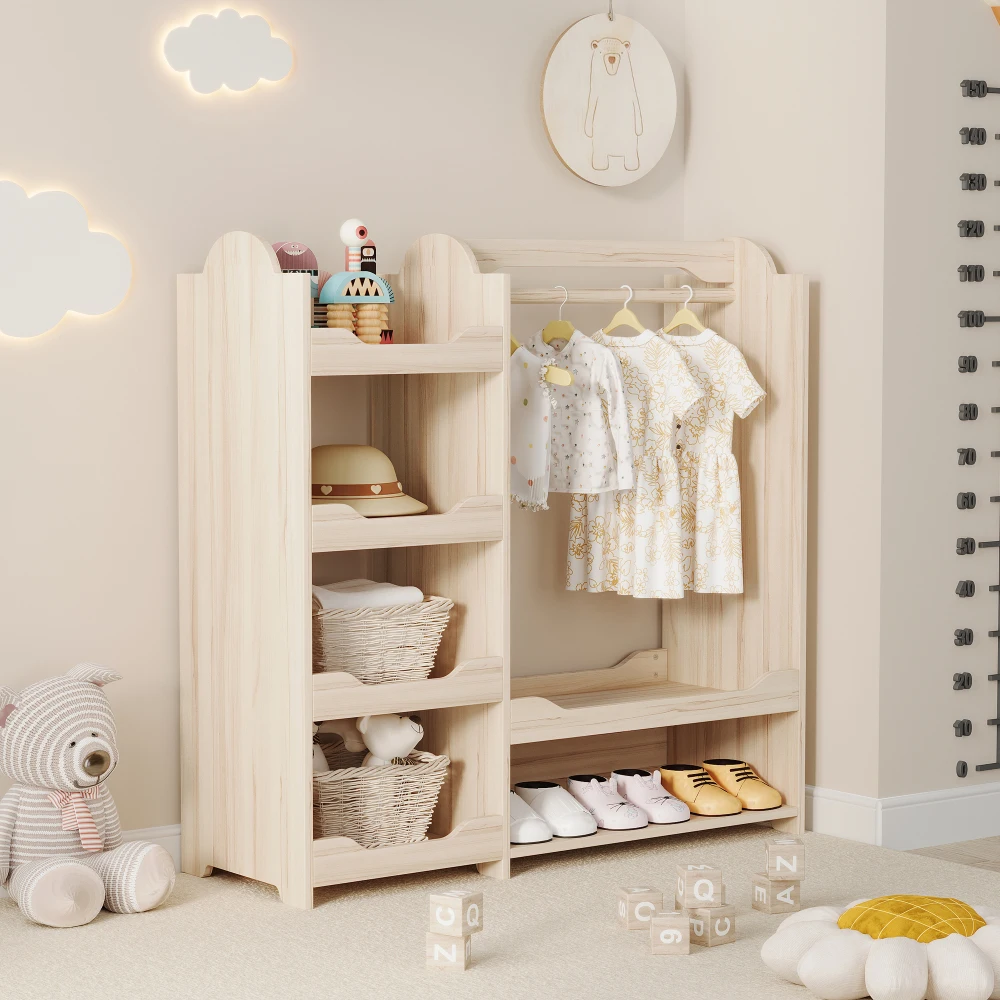 Kinder-Kleiderschrank aus Naturholz, 110x39x110 cm, freistehender Kinderschrank mit Kleiderstange, 4 Ablageflächen, platzsparender Kleider-Organizer für Kinderzimmer, mehrstöckiges Spielzeug- und