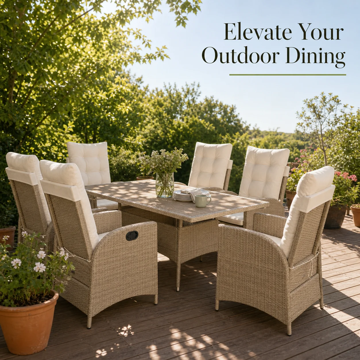 7-teiliges Garten-Essgruppen-Set mit Kissen, beige Polyrattan, Terrassenmöbel, Tisch und Stühle