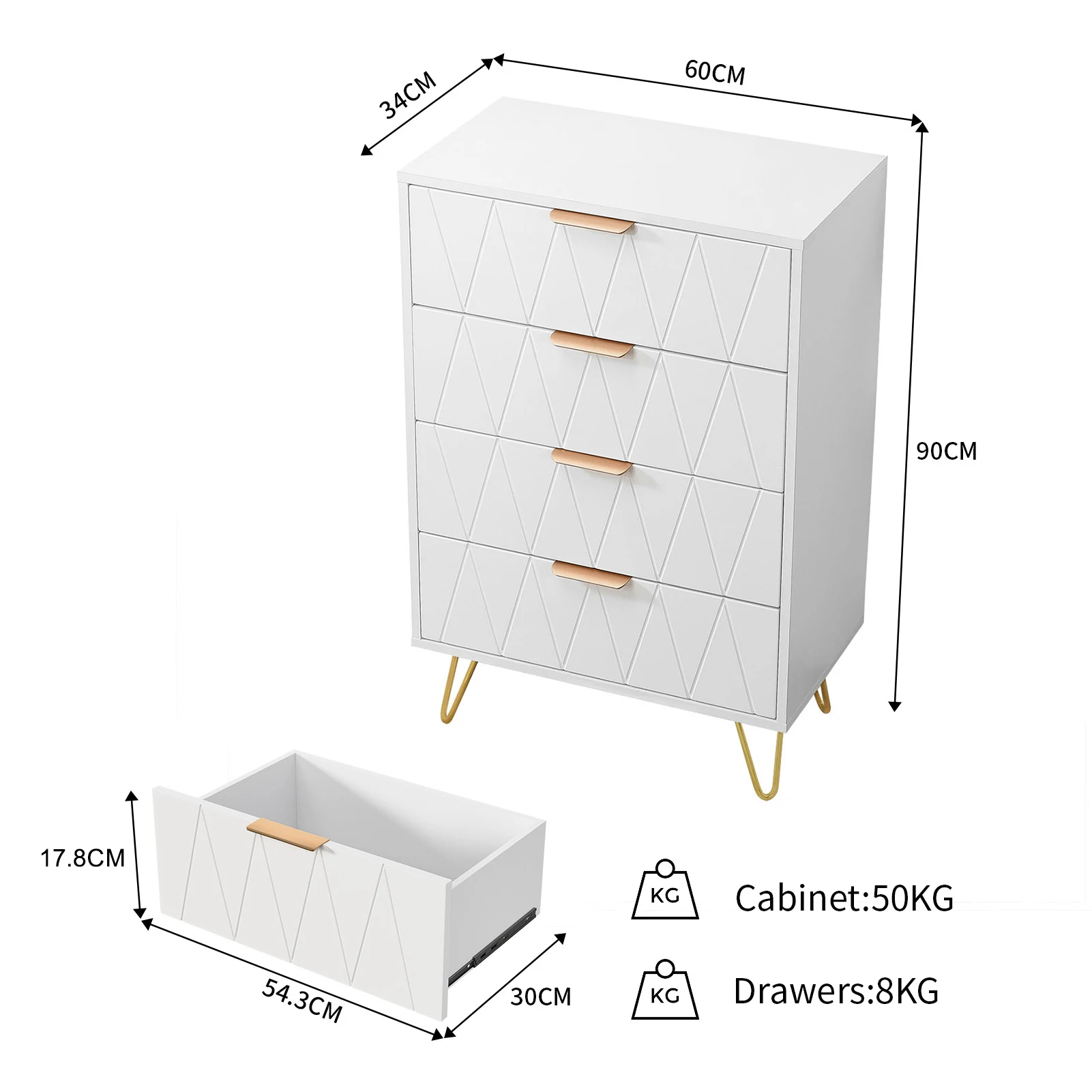 Simurq Chest of Drawers with 4 Drawers, 60 x 34 x 90 cm, Storage Chest of Drawers, Modern Cabinet, Highboard, Sideboard with Drawers, Slim Chest of Drawers, Cabinet for Living Room, Bedroom, Kids