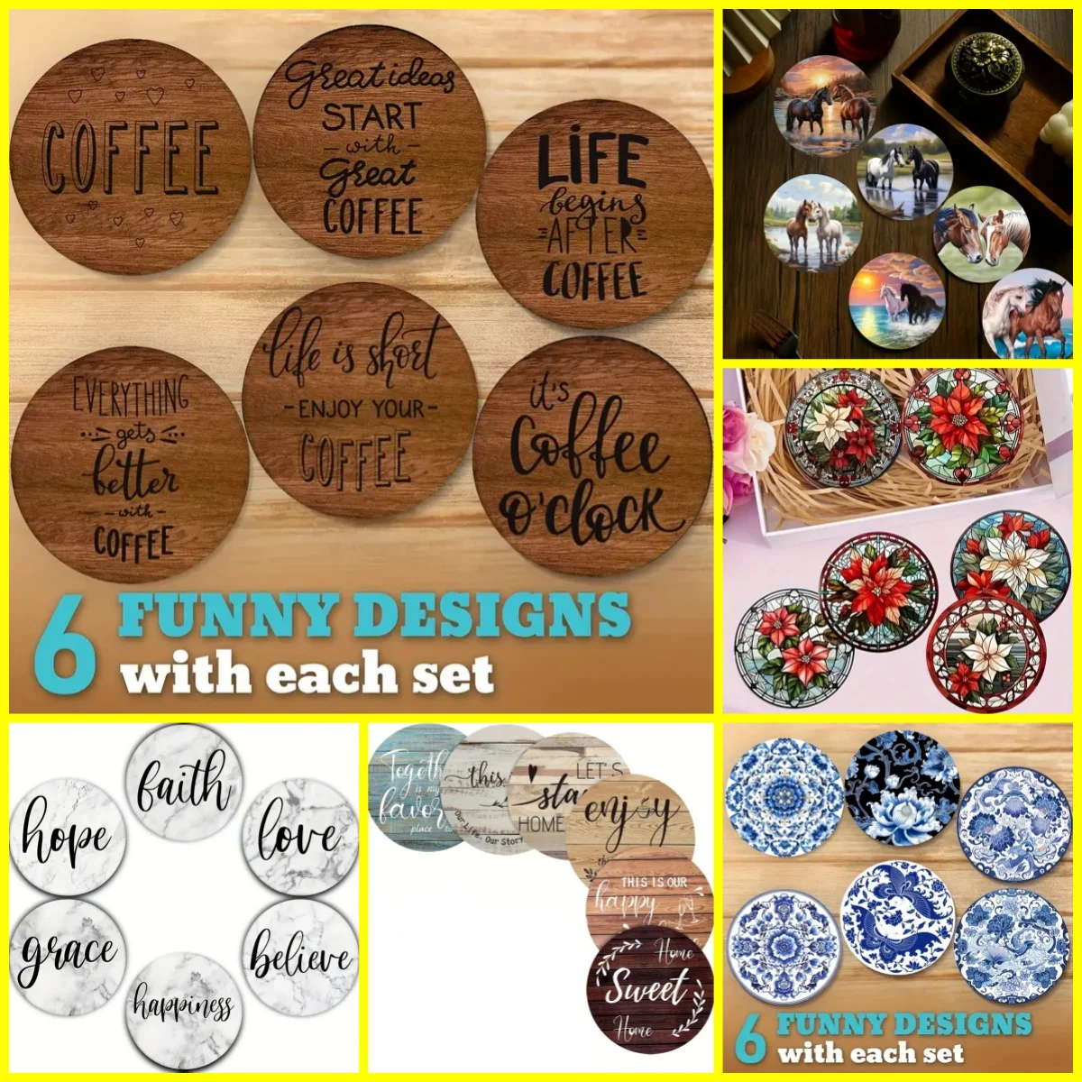 6-Piece Set of Round Coasters with English Letters, Flowers, Horse Pattern, Wooden Material, Household Desktop Water Cup, Non-Sl