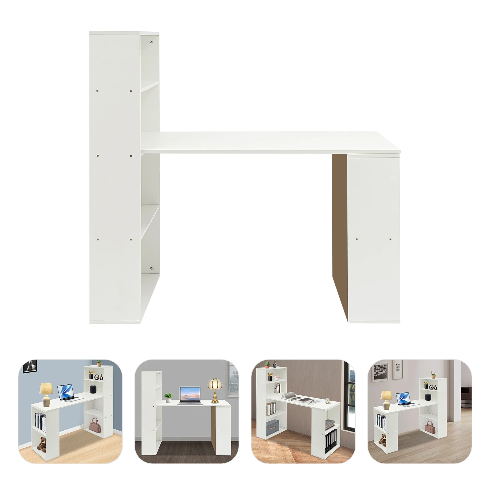 120 cm großer, warmweißer Eck-Schreibtisch mit 4-stufigem Bücherregal, 2-stufigem seitlichem Aufbewahrungsregal aus MDF, Laptop-Arbeitsplatz, 10 kg Tragkraft pro Ebene, für Schlafzimmer,