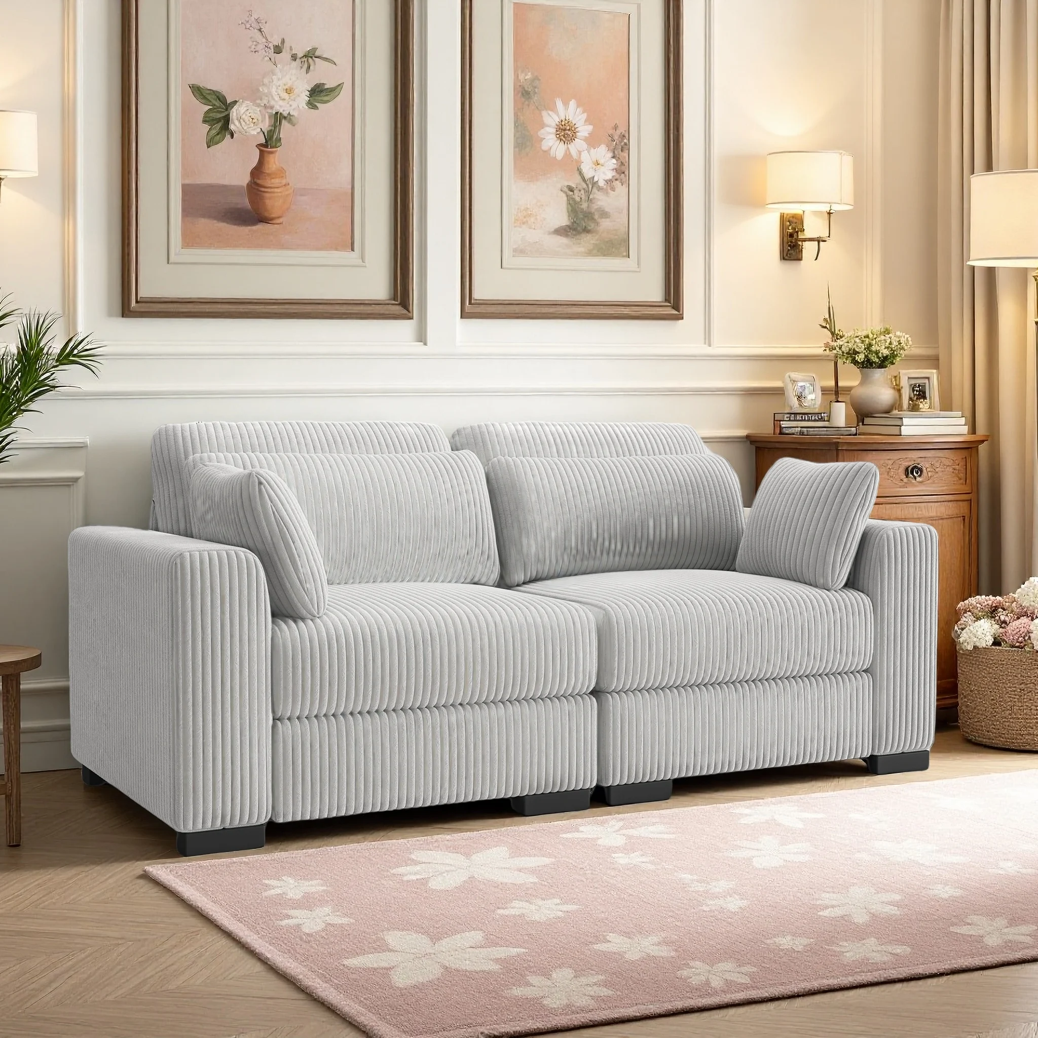 Cord Sofa 2 Sitzer, 88cm Breit Sofas, Bequemes Couch 58CM Extra Tiefe Sitze, Schlafsofa Klein Klappsofa Sofa 2 Sitzer, Big Sofa Couch mit 2 Sessel, Standgerät, Grau
