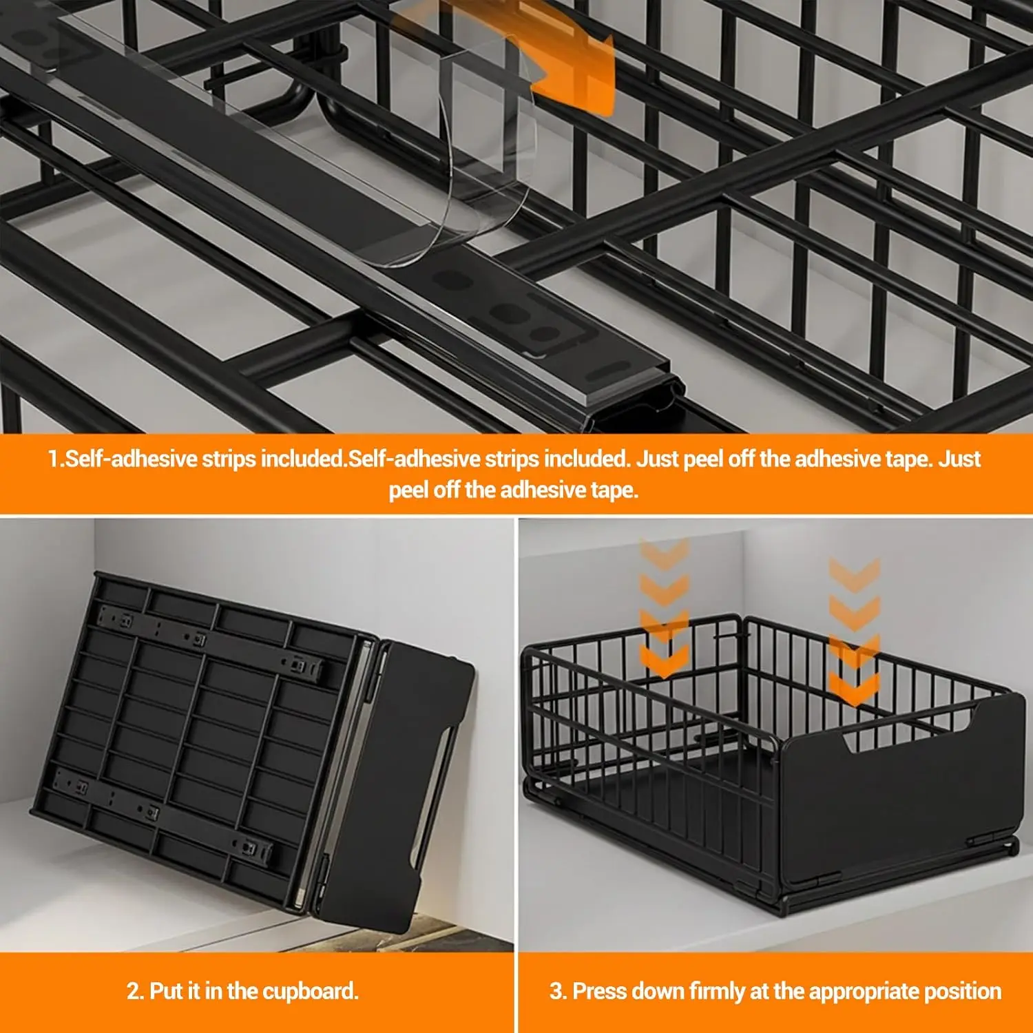 Garvee Black faltbarer, bohrfreier, ausziehbarer Schrank-Organizer, 43 x 30 x 18 cm, verschiebbares Aufbewahrungsregal für Küchen-, Badezimmer- und Schlafzimmerschränke