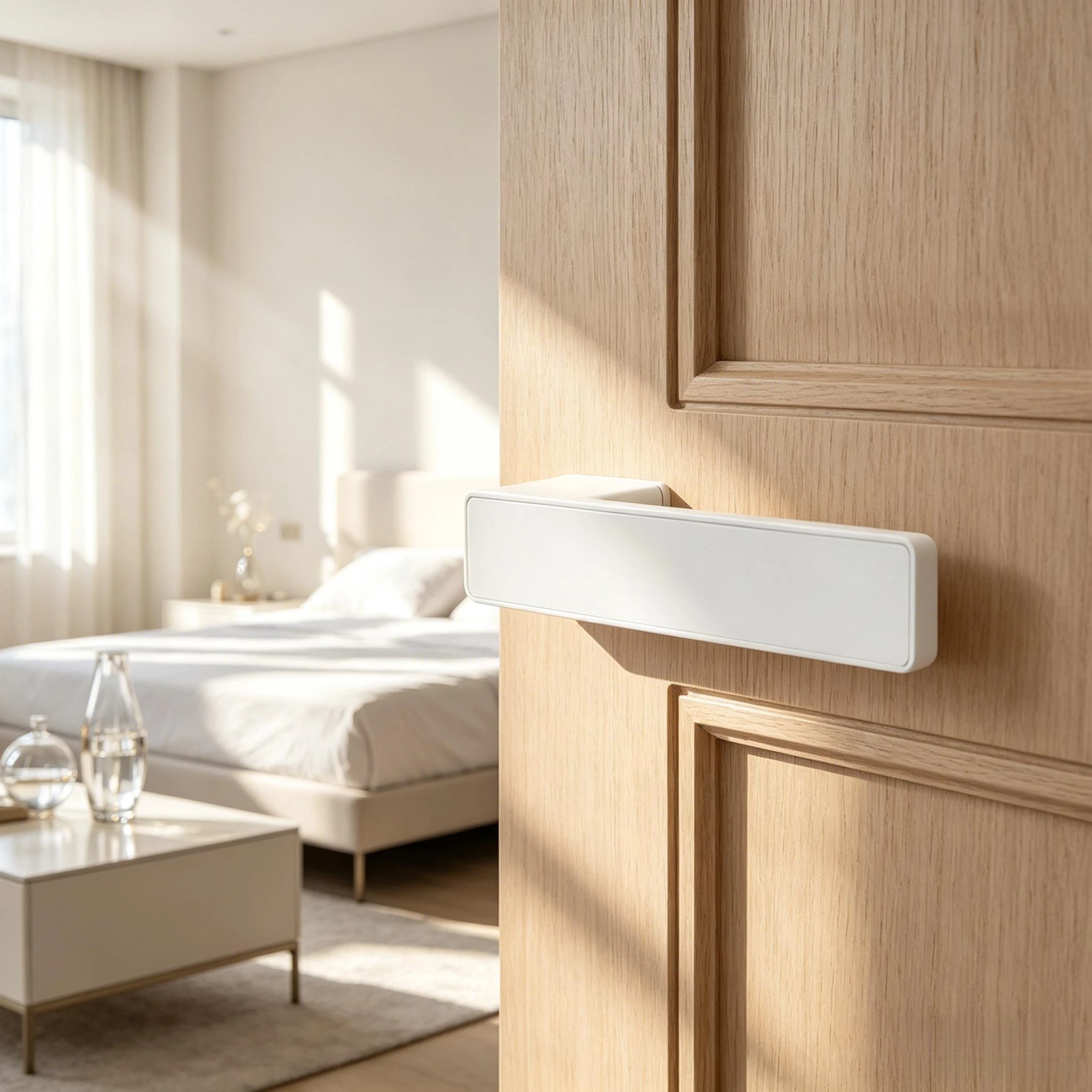 Haustürschloss, elegant gestaltet. Schalldichtes Schloss für Innentüren aus Holz im Schlafzimmer oder Arbeitszimmer, europäisch, französisch, minimalistisch, leicht luxuriös.