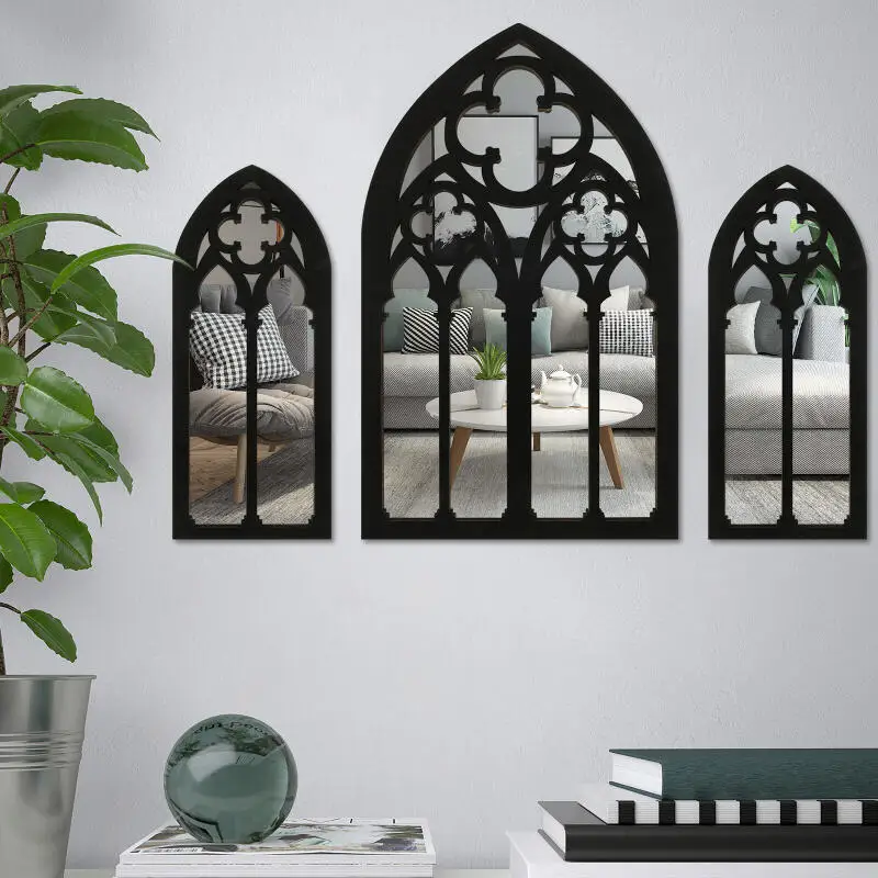 3-teiliger Gotischer Kathedralen-Bogenfenster-Spiegel, Wandmontierter Barock-Dekor, Acrylrahmen, Aluminium-Spiegel, Hängender Wandspiegel für Innen- und Außenbereich, Dekoration für Wohnzimmer,