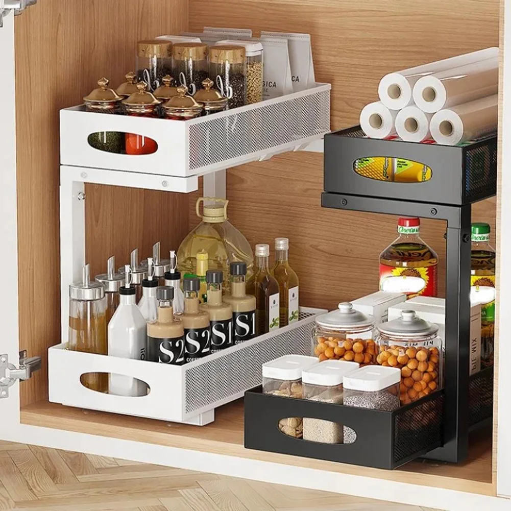 Platzsparender, zweistufiger, verstellbarer, ausziehbarer Unterschrank-Organizer – Ausziehbares Schrankregal aus schwarzem Metall mit Gitter-Schubladen – Multifunktionales Regal für Küche, Badezimmer,