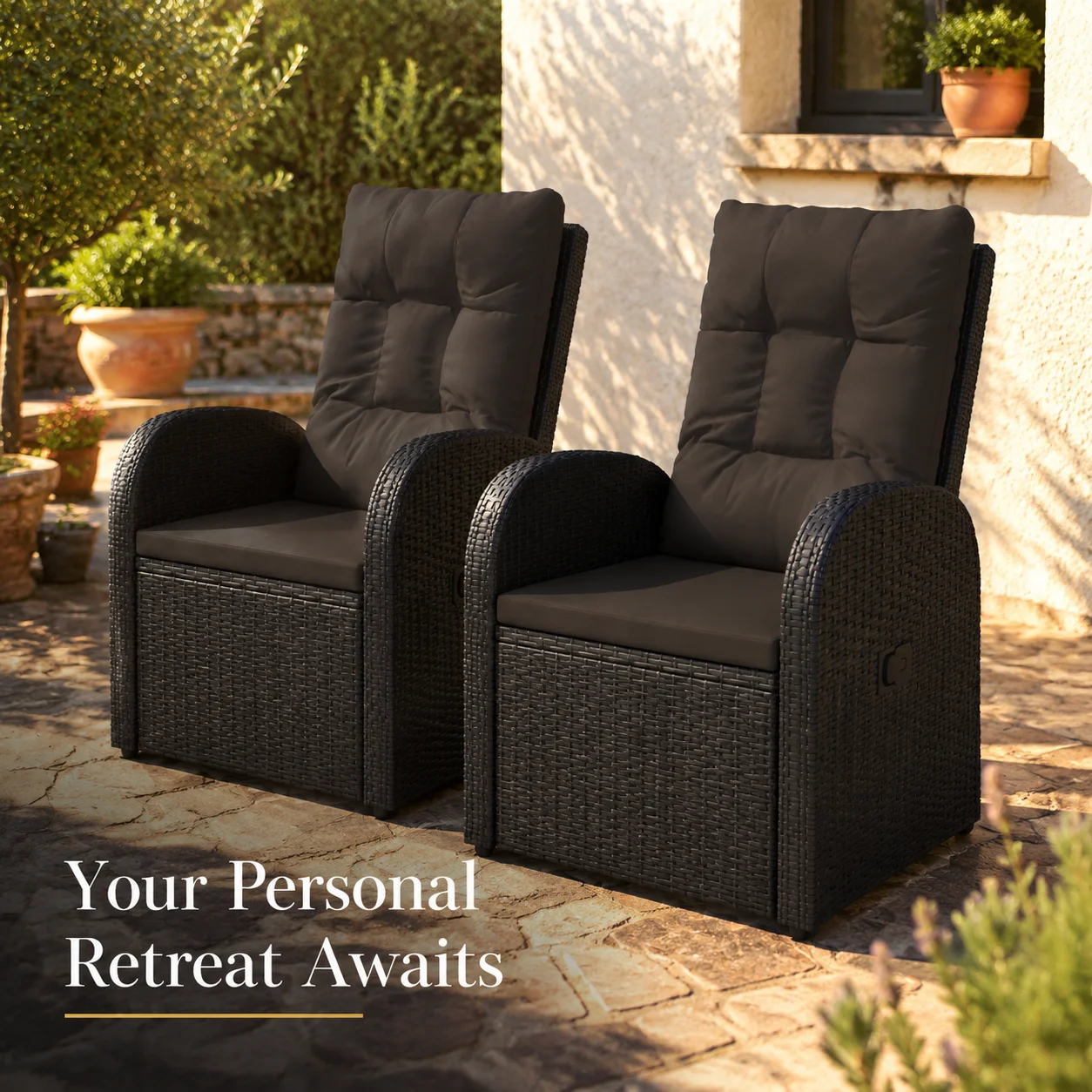 2 Stück Garten-Loungesessel mit Kissen, Polyrattan, Schwarz, Patio-Relax-Set, Sonnenliege für den Außenbereich