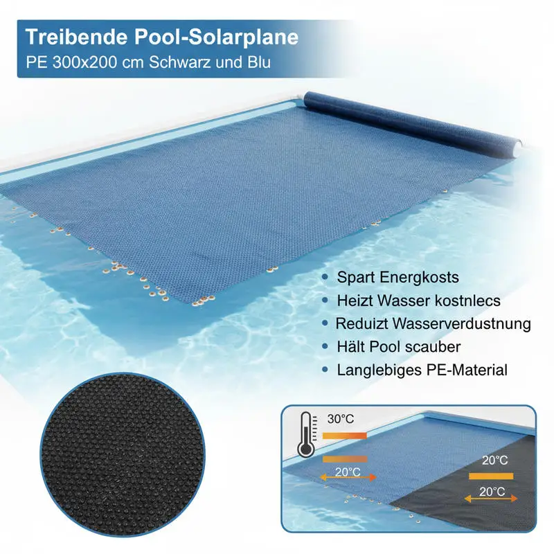 Couverture solaire pour piscine, couverture à bulles pour piscine, film solaire flottant pour piscine PE 300x200 cm noir et bleu, couverture de piscine extérieure, accessoire pour piscine