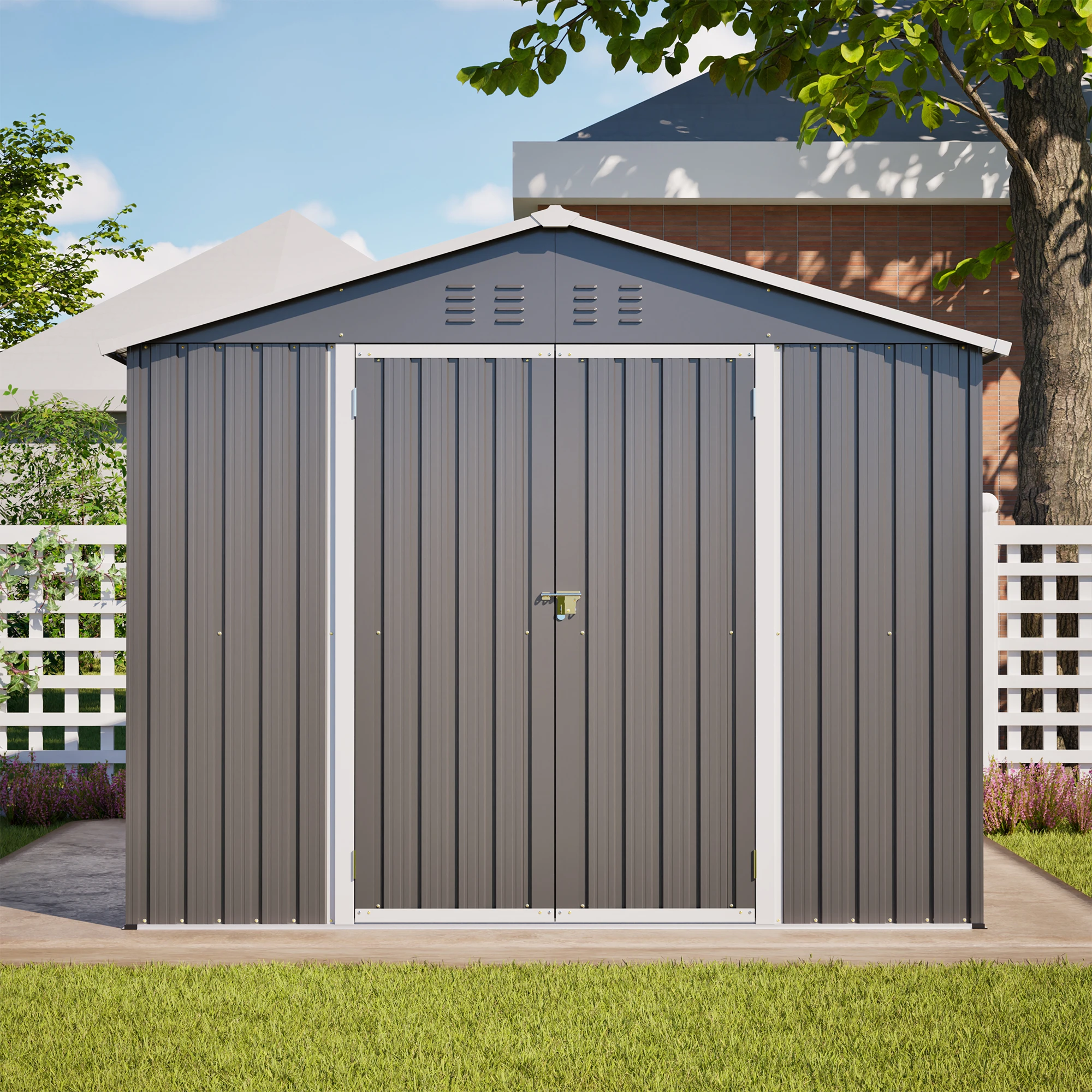 Abri de jardin en métal 249×190×191 cm avec portes doubles verrouillables, abri de rangement pour outils de jardin imperméable et antirouille, abri de jardin anti-corrosion