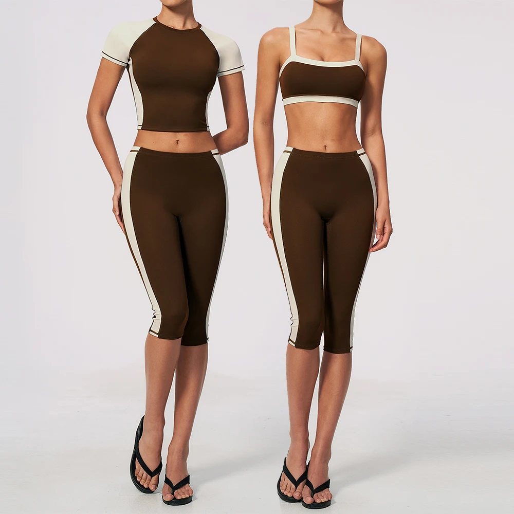 Ensemble de yoga pour femmes, vêtements de sport, 2 pièces, tenue de sport, vêtements de gym, haut à manches courtes, pantalon capri taille haute, ensembles de sport