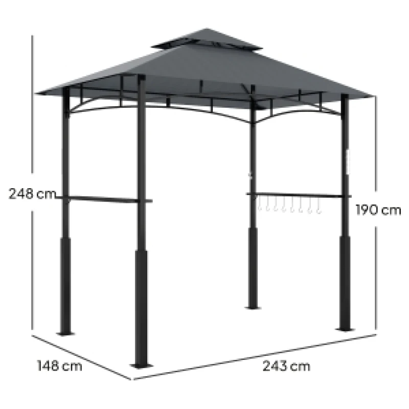 Gazebo de jardin avec éclairage LED, 243 x 148 x 248 cm, imperméable, ignifuge, gazebo de jardin à double toit, étagères latérales, abri de jardin avec protection UV, gazebo BBQ en métal, tente de