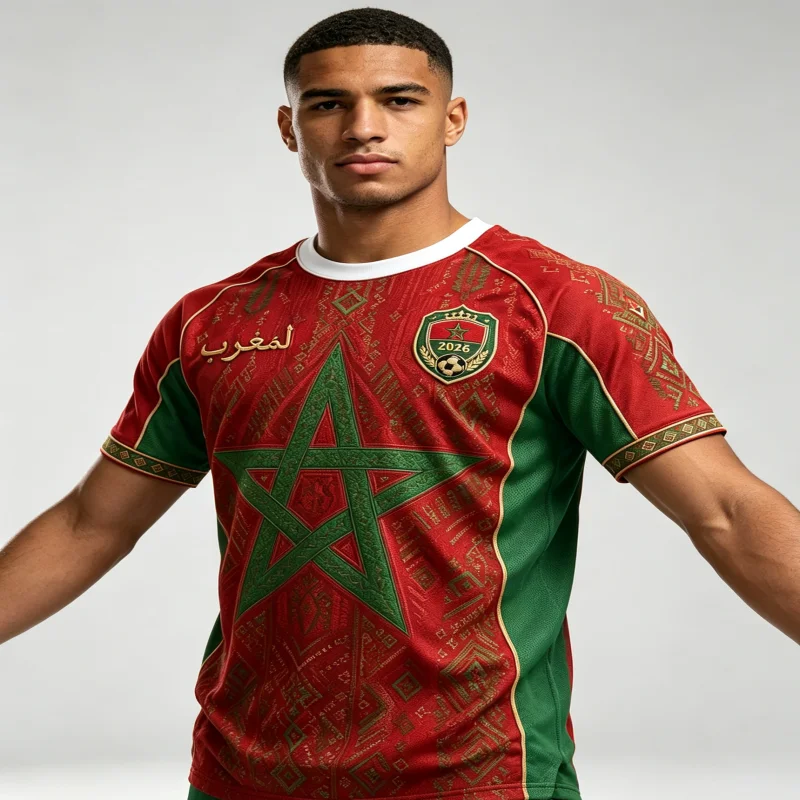 Nouveau maillot domicile/extérieur parent-enfant de l'équipe du Maroc 2026, T-shirt rouge et vert à manches courtes, pour l'entraînement des supporters de football, sport, séchage rapide