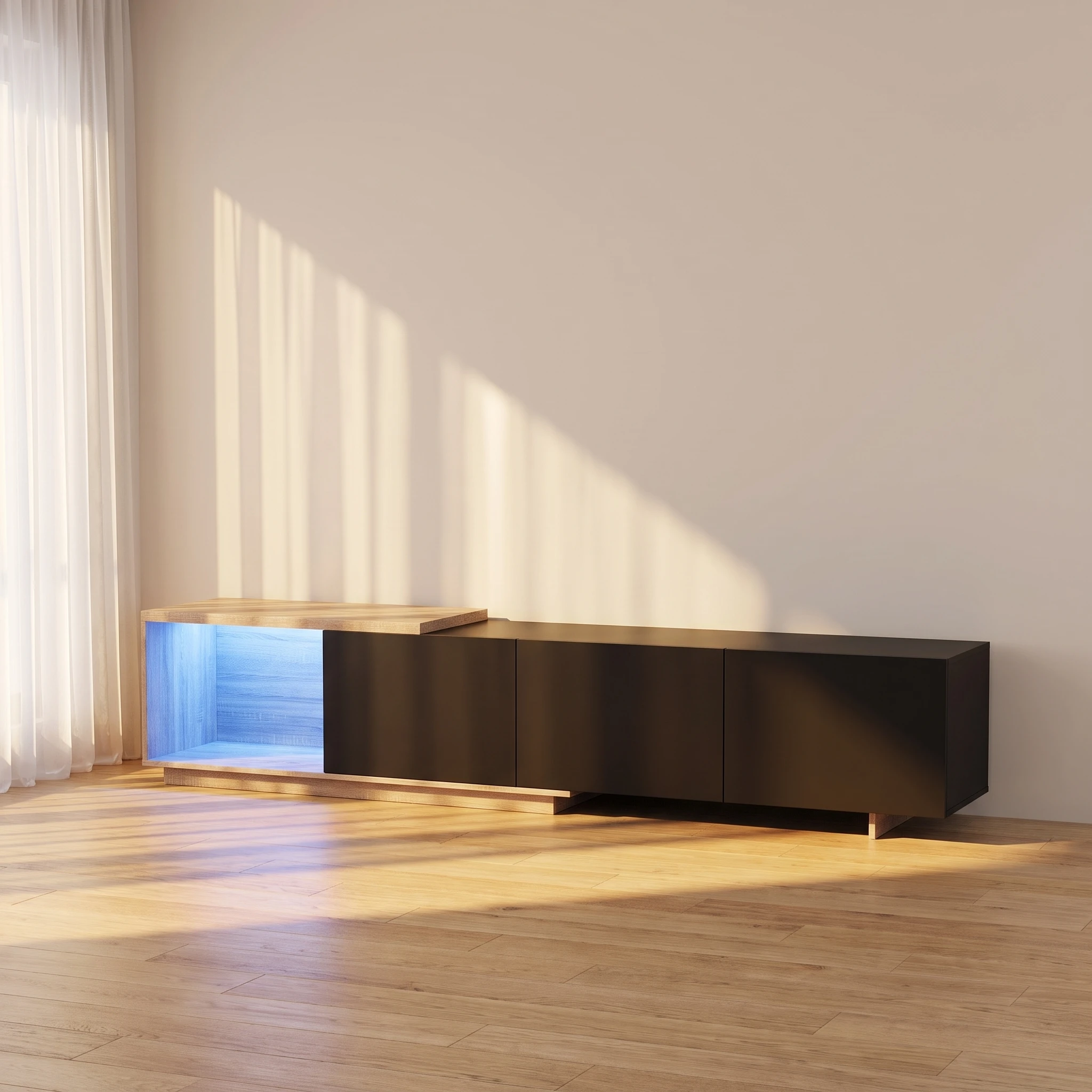 Superaly Meuble TV noir 44×38×240 cm, meuble bas, meuble TV moderne en bois avec rangement 3 tiroirs, meuble TV LED, pour salon
