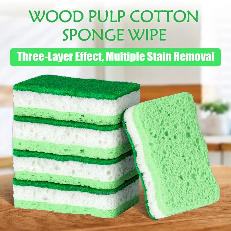 Natural Wood Pulp Cotton Sponge Wipe Re-Washable Sponge Household Cleaning Pad Kitchen Cleaning Gadgets Descaling Cleaning Rub