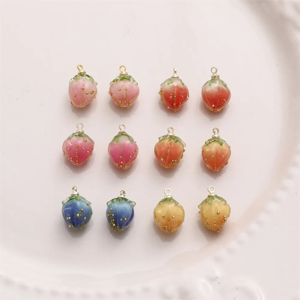 ZW41 Pink Strawberry Charm Resin Necklace Pendant Handmade Hairpin Bracelet Necklace Handmade Diy Material Earrings Accessories