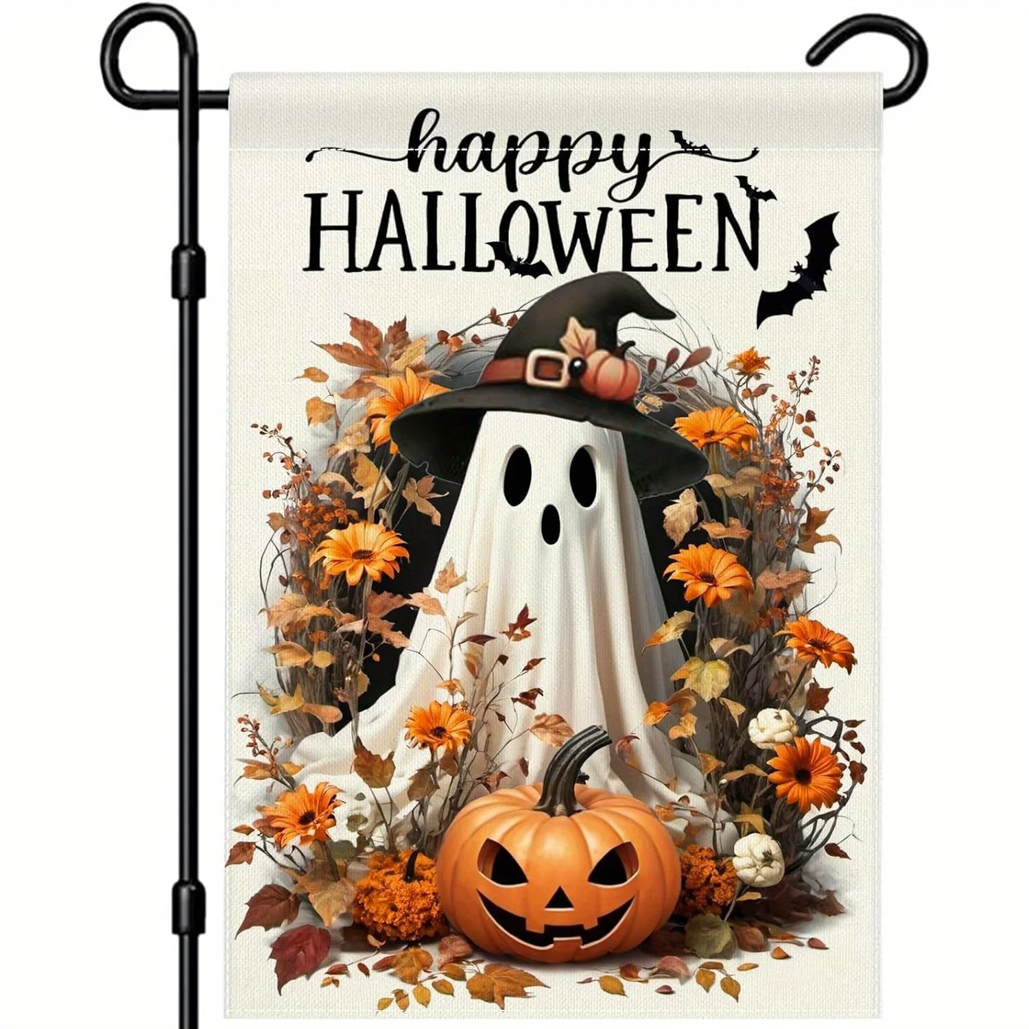 Happy Halloween Garden Flag Ghost Jack Lantern Bat Pumpkin Flower Garden Flag Polyester Fabric Halloween Party Garden DIY Decor