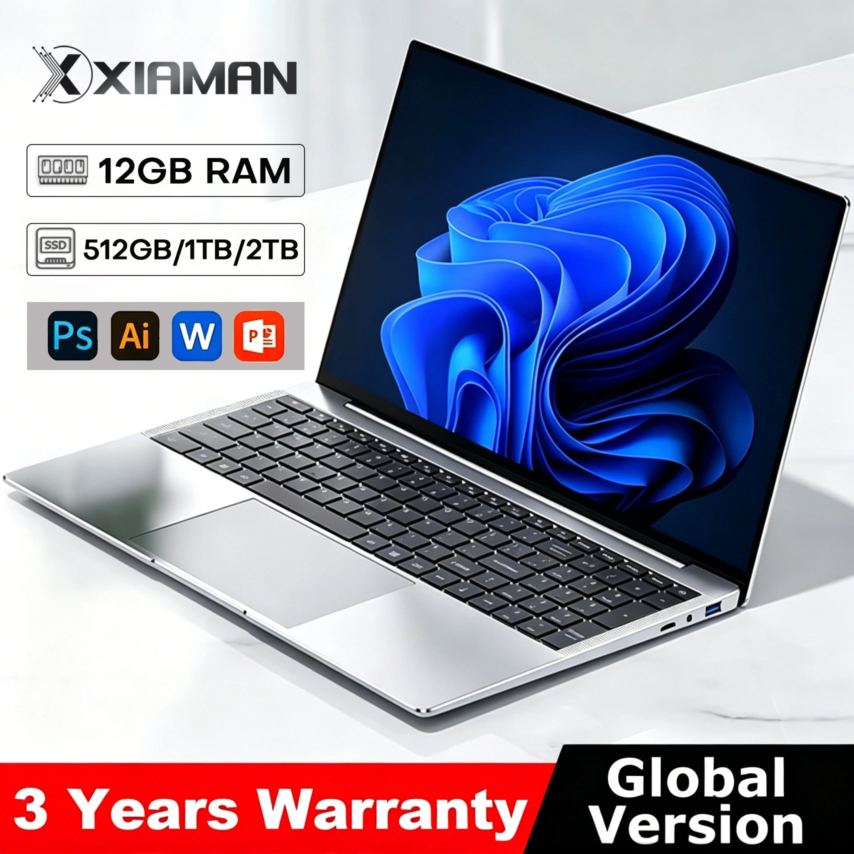 Xiaman 2026 Laptop Computer Windows 11 Intel Atom A3950 Notebook PC 12GB RAM 512GB 1TB 2TB SSD 1080P Office Study Computer PC