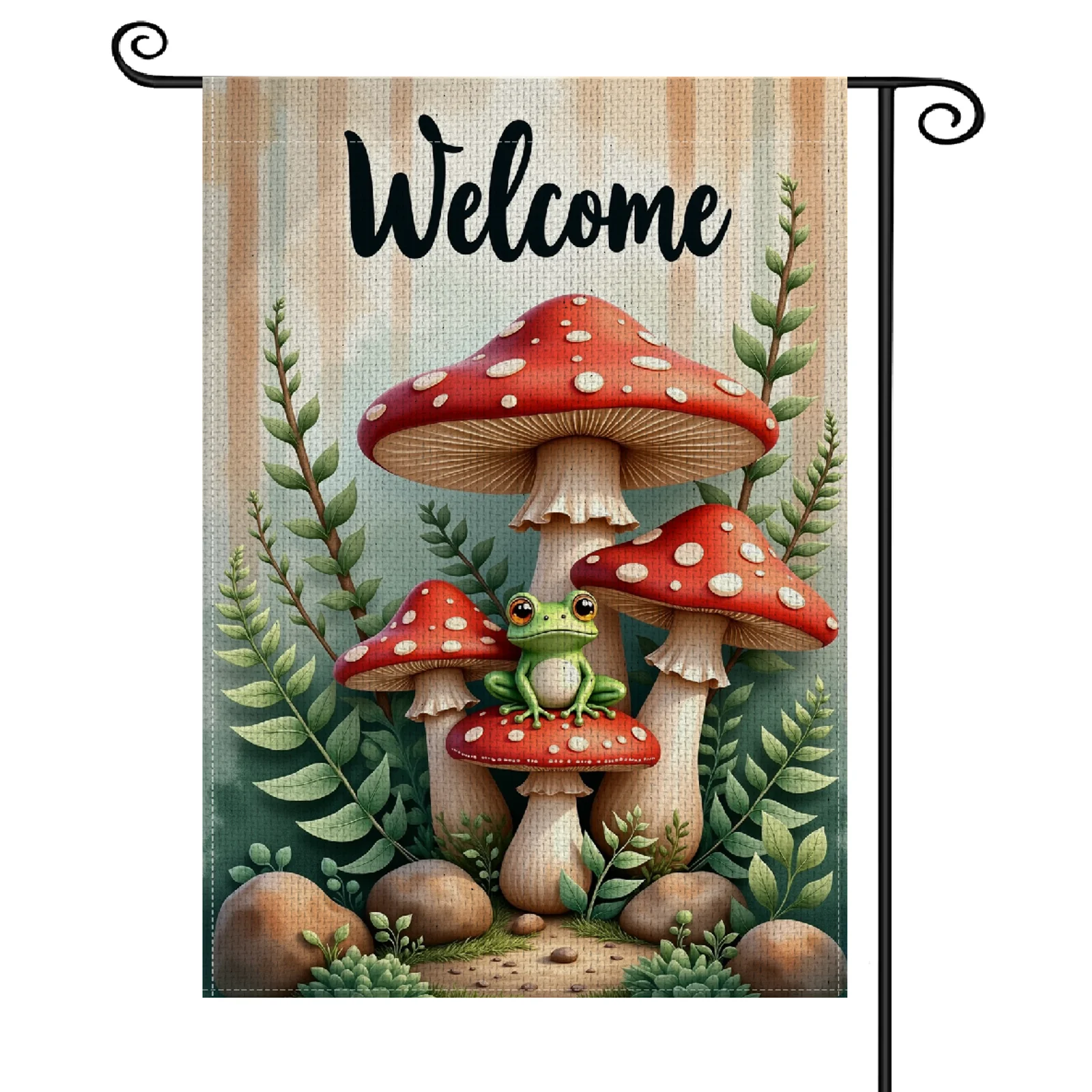 Welcome Garden Flag Frog Pattern Woodland Garden Banner Red Mushroom Print Natural Theme Outdoor Welcome Flag for Garden Decorat