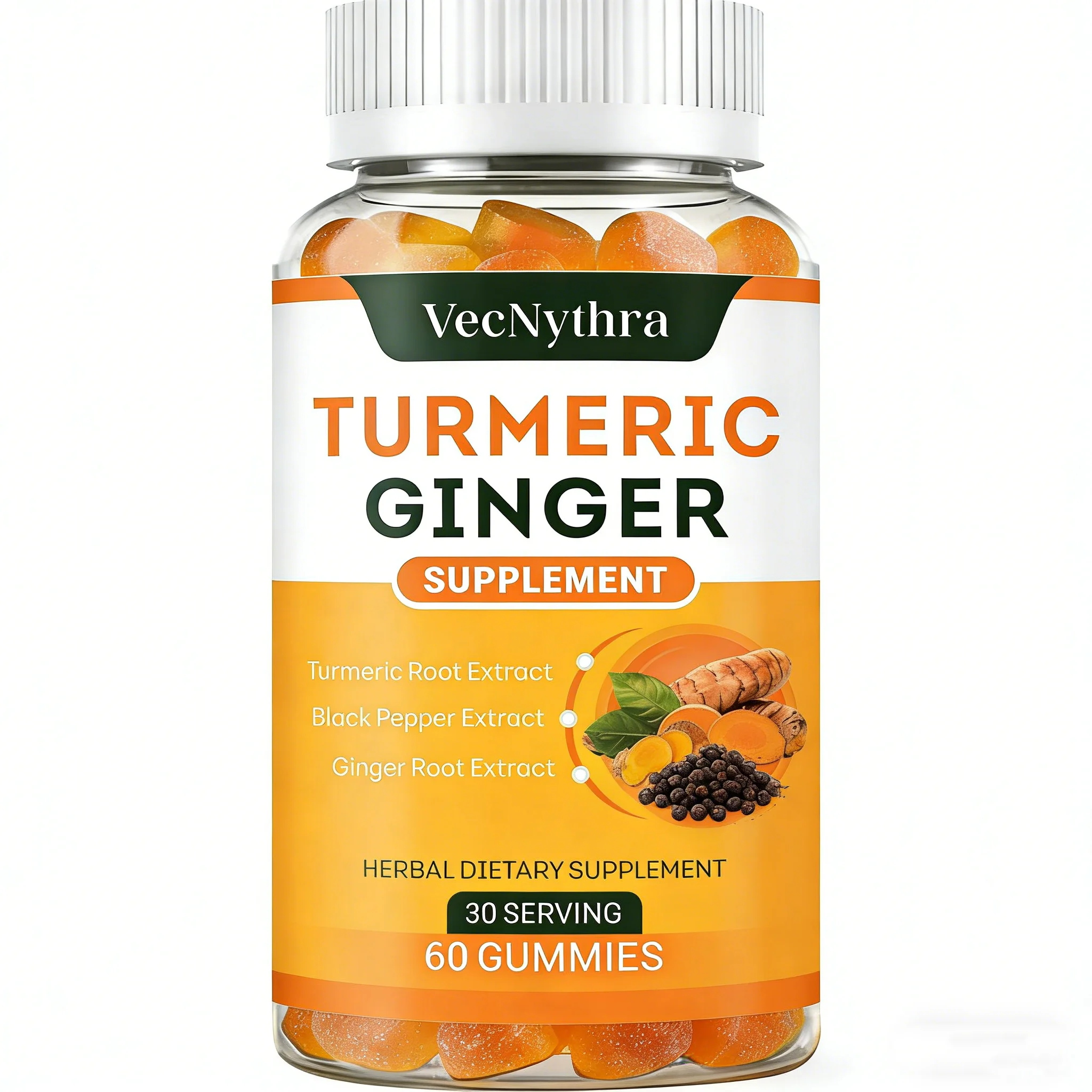 VecNythra 60pcs Turmeric Ginger Gummies Supplement with Ginger Black Pepper Promotes Joint Health Supports Digestive Immune Health Vegan Tropical Flavour