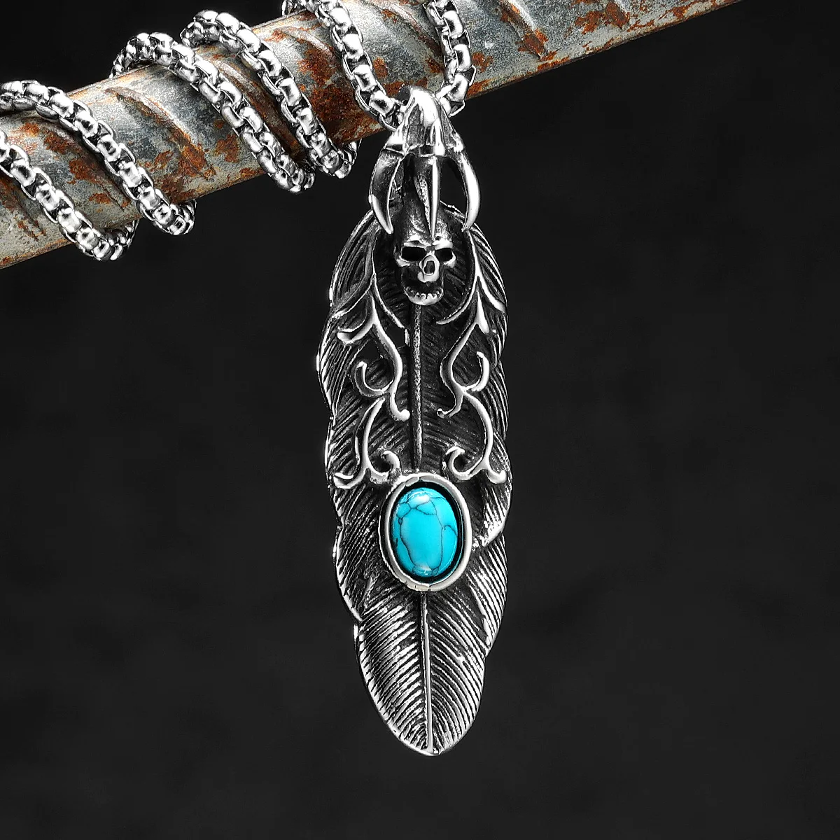 Feder Anhänger Männer Grün Edelstein Halsketten 316L Edelstahl Ästhetische Schädel Kette Rock Hip Hop für Männliche Vintage-Schmuck Geschenk