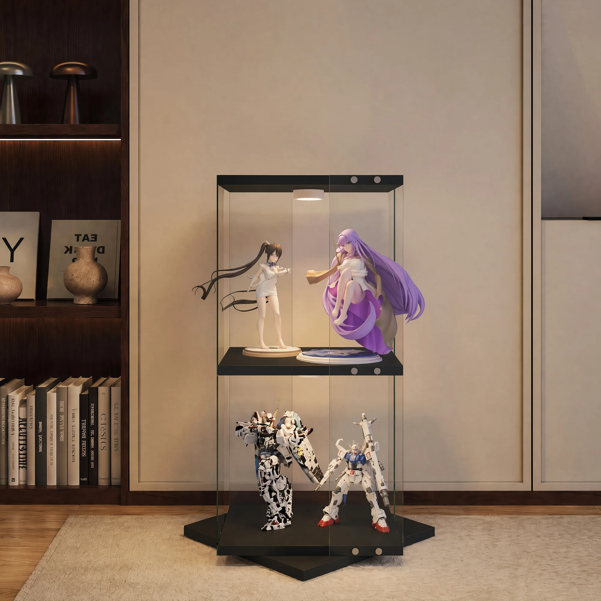 Anajqaqia 38×38×82cm Drehbarer Vitrinenschrank mit 2-stufiger transparenter Acryl-Figurenvitrine, schwarze Sammlerbox mit Einzeltür für Actionfiguren, Gundam, Figuren, Spielzeug