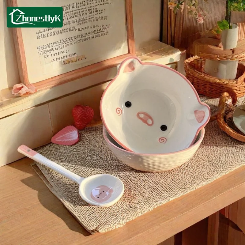 2 Set Cartoon Pig Hand Drawn Ceramic Bowl with Spoon Cute Household Rice Bowl Eating Dishes Soup Yogurt Dessert Bowls