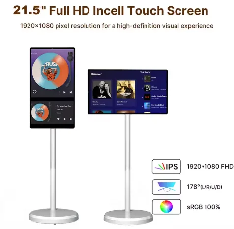 Nouvel écran publicitaire portable 2024 de 21,5 pouces avec téléviseur LCD LED rétroéclairé, Smart TV Full HD 1080p, Wi-Fi, support blanc et roues