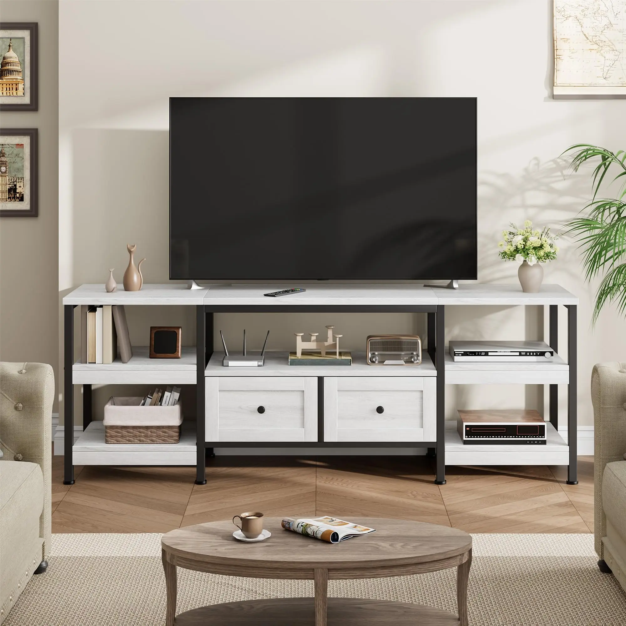 Meuble TV jusqu'à 85 pouces (200 cm de long), meuble TV industriel, meuble bas pour télévision, 2 tiroirs, 5 compartiments ouverts, 200x40x65cm, meuble TV de salon en acier, blanc