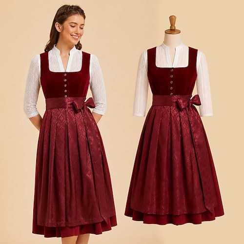 Oktoberfest Robe Dirndl Ensemble Dirndl Blouse Dirndl Longueur midi Jacquard avec poches Décolleté balconnet Bavarois Allemand Alpin Prairies Femmes Carnaval Fête de la Bière Tissu de style