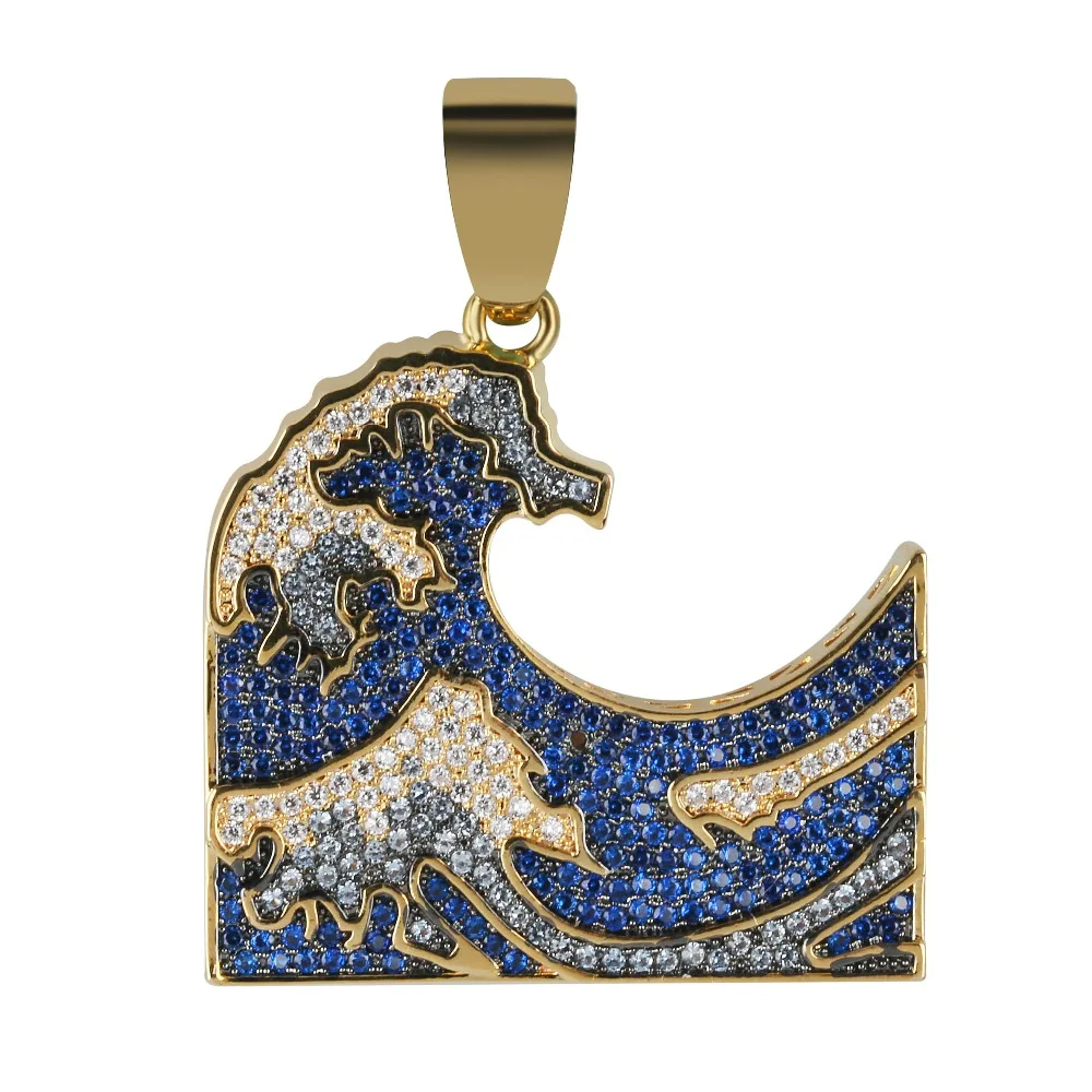 Die Große Welle weg von Kanagawa Iced Out Anhänger Halskette Herren/Frauen Bunte Zirkonia Hip Hop Gold Farbe Charme Ketten schmuck Geschenk