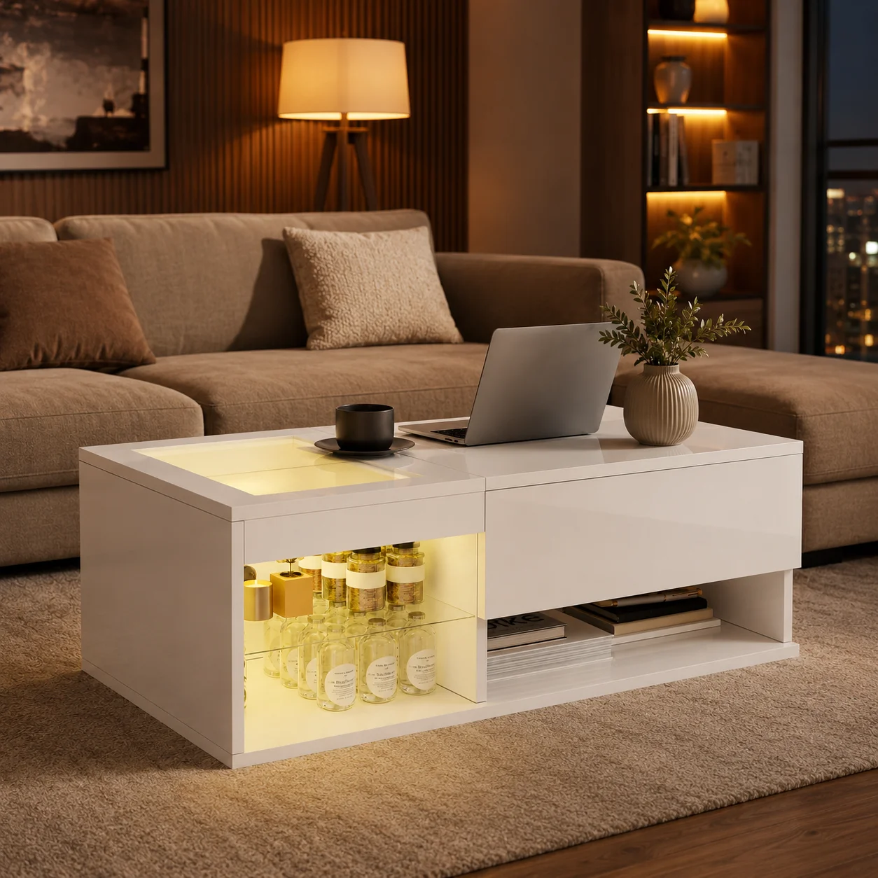 Couchtisch mit Liftfunktion und LED-Beleuchtung, Weißer Hochglanz Wohnzimmertisch mit Stauraum, Couchtisch mit Glasfach, Schublade und Ablage, Moderner Wohnzimmertisch für Wohnzimmer, Büro,