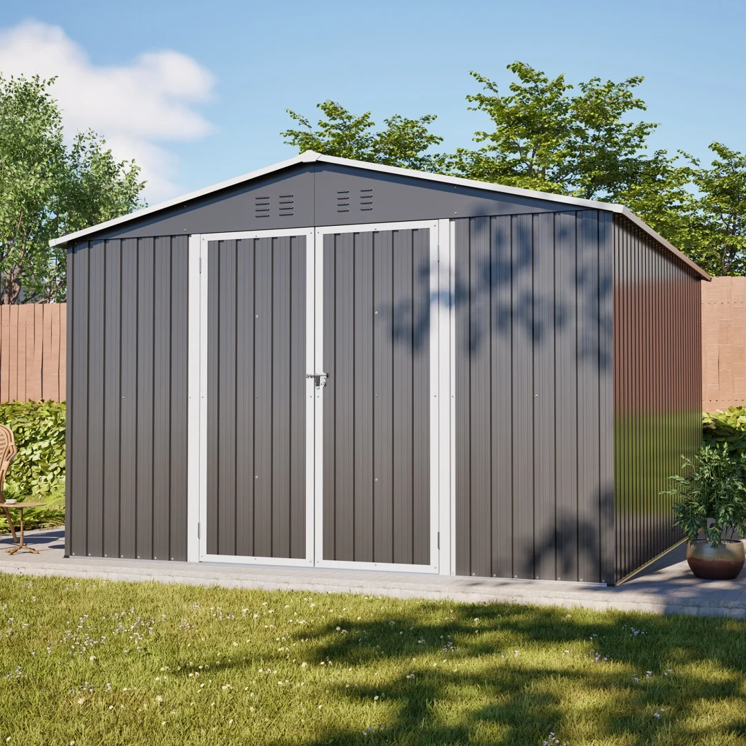 Abri de jardin en métal 10'x10' avec structure de plancher, abri de jardin en acier robuste, portes verrouillables et résistant aux intempéries pour jardin, patio, pelouse – Gris