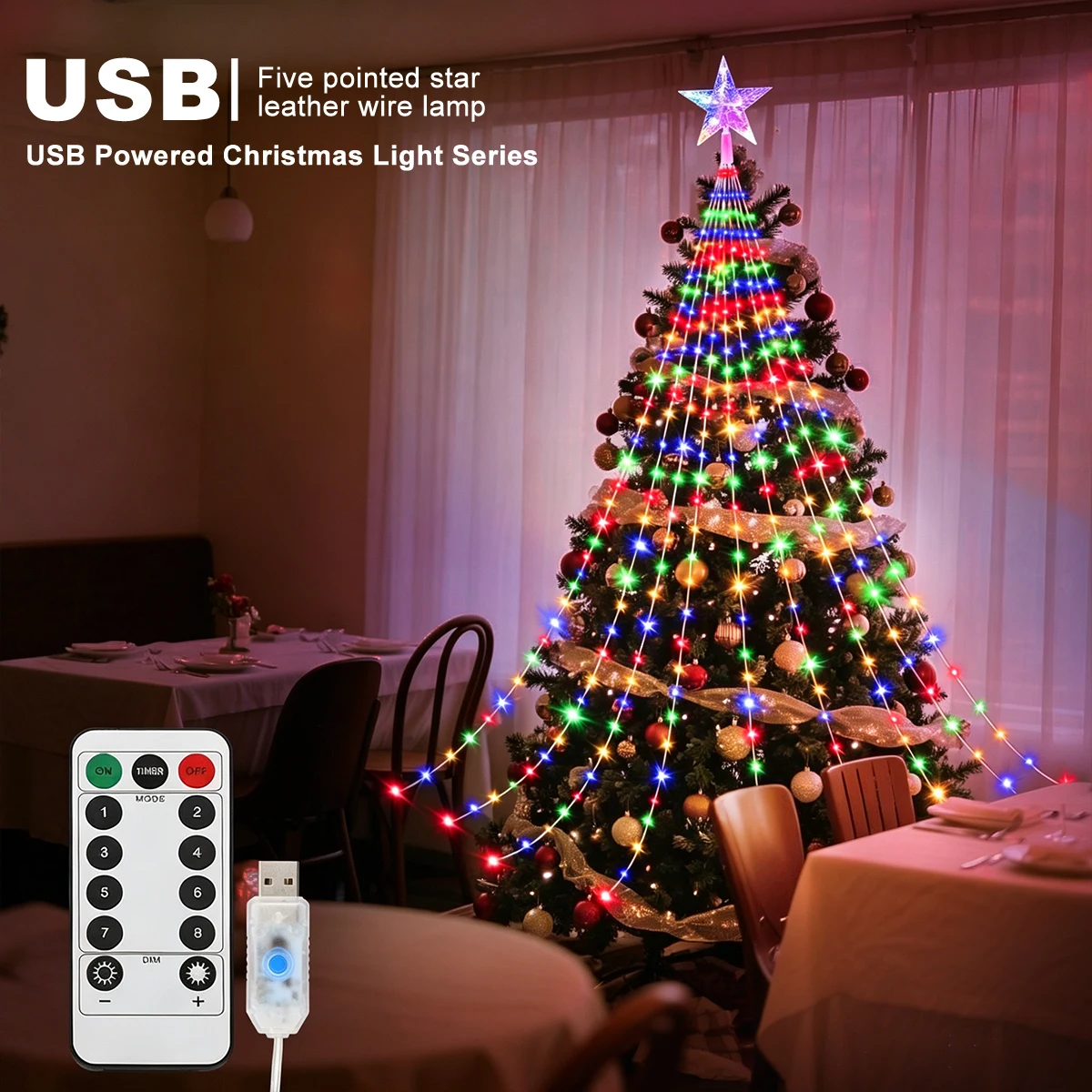 208/282 LED USB Weihnachts-Wasserfall-Baumbeleuchtung 8 Modi Wasserdichte Lichterkette für Innen und Außen Garten Heim Dekorative Beleuchtung