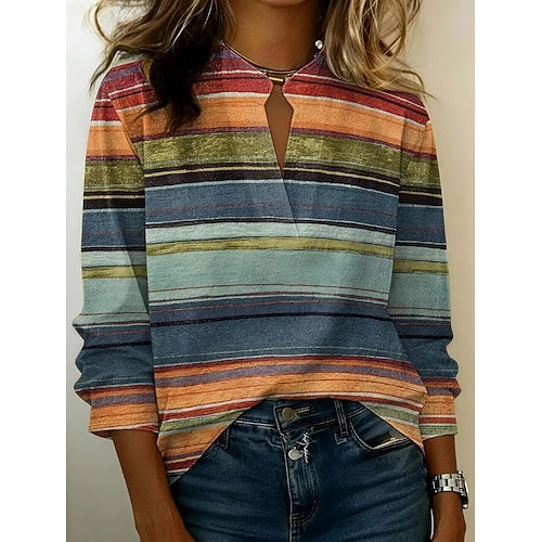 Per donna Camicia Patchwork Bottoni Stampato Grafico Geometrico Plaid Vintage Elegante Manica Lunga Scollo a V Senza Spalle Collo a V Top Regolari Casuale Quotidiano Ferie Giallo Marrone Verde