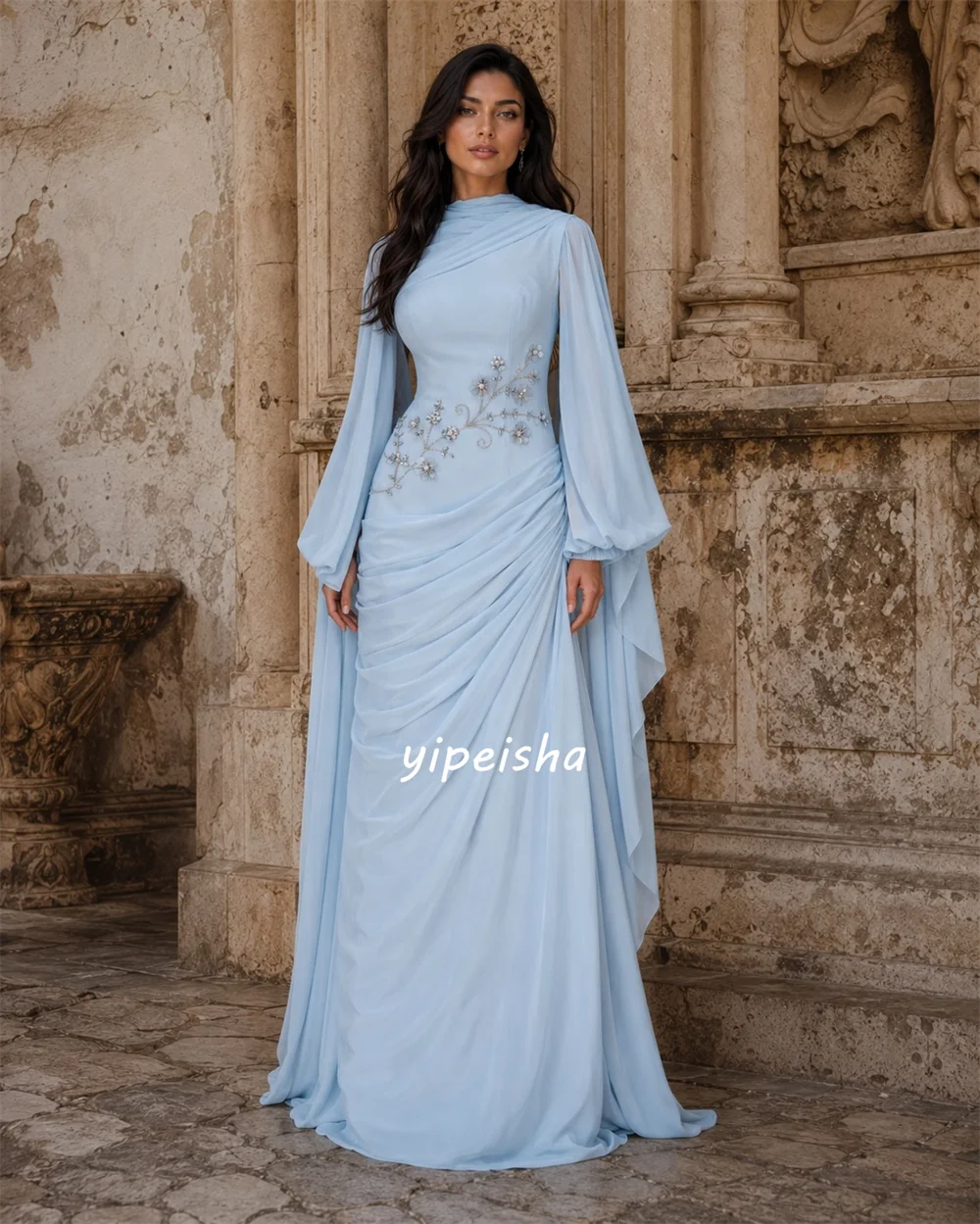 Customized Exquisite Casual Chiffon Pleat Draped Rhinestone Flower A-line High Collar Floor-Length Evening Dresses High Quality