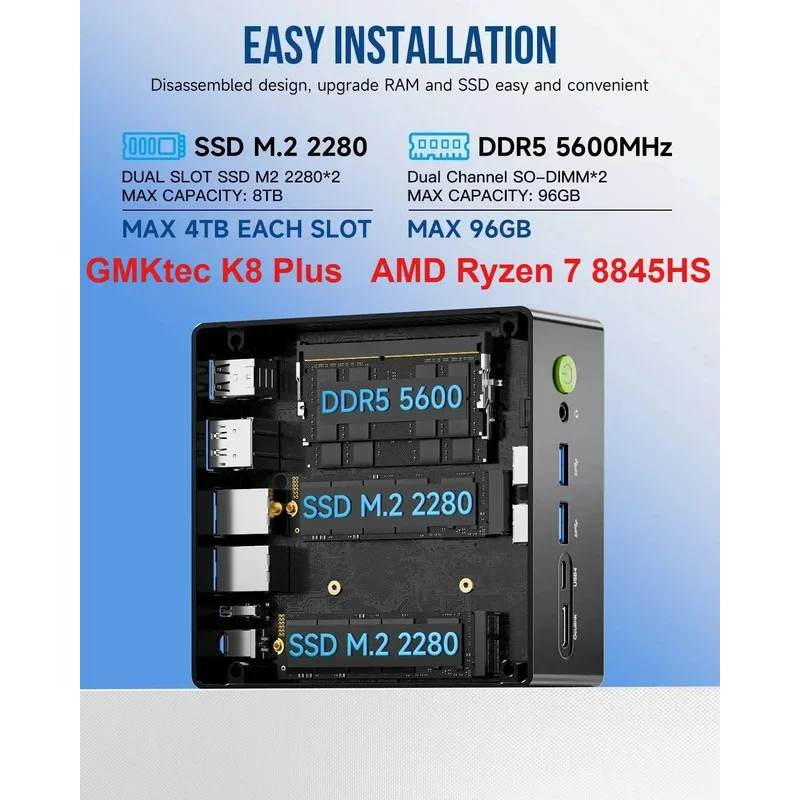 GMKtec K8 Plus AMD Ryzen 7 8845HS MINI PC unterstützt Oculink WIFI6 BT5.2 Wins11Pro DDR5 5600Mhz PCIe SSD Desktop-Gamer-Computer