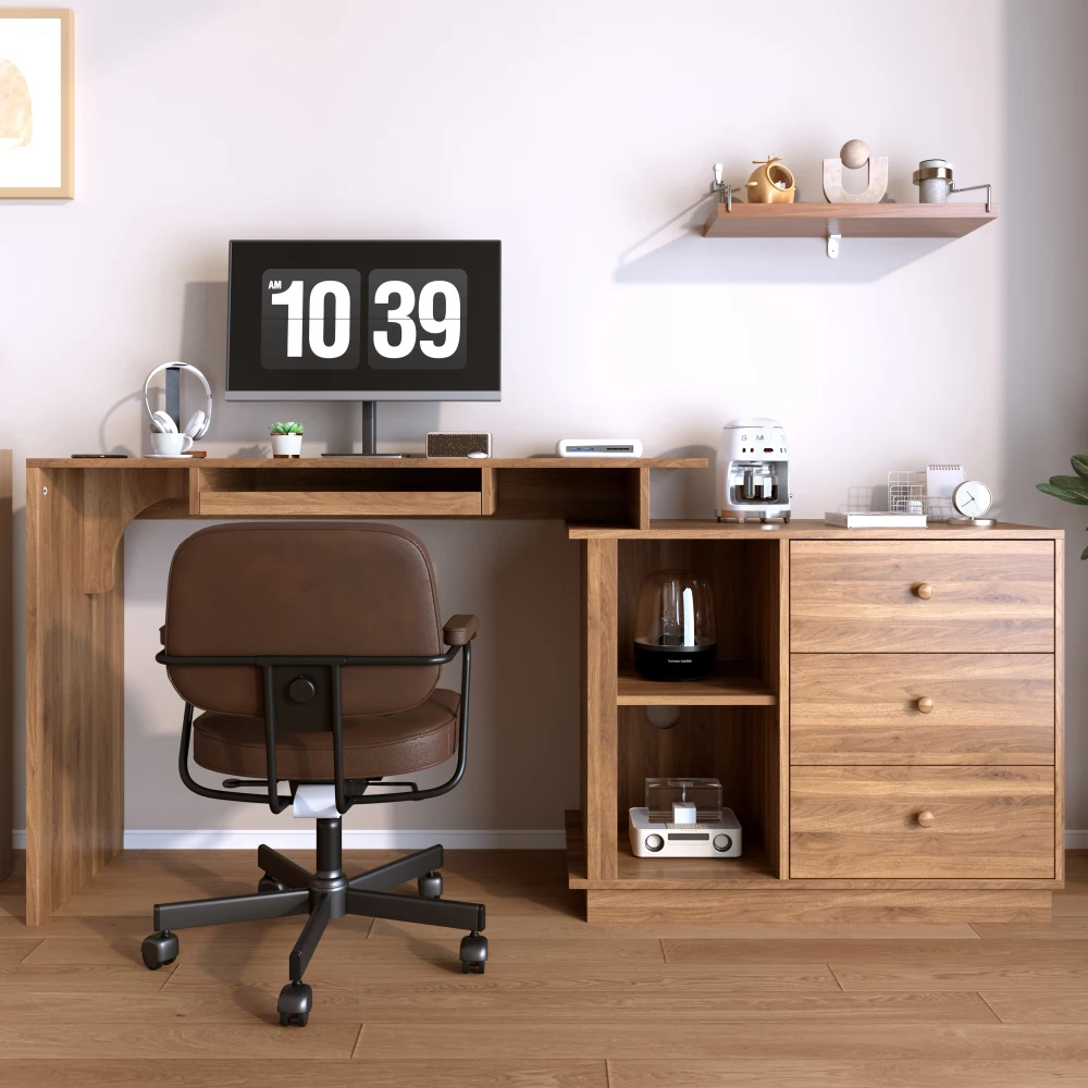 Moderner Home-Office-Computertisch mit ausziehbarer Schreibtischplatte, Tastaturauszug, offenen Ablagefächern, Schrank mit 3 Schubladen, multifunktionaler Schreib- und Lerntisch, geräumige